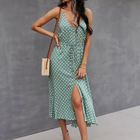 Boho mint green button up v neck tie polka dot dress - Picture 12 of 16